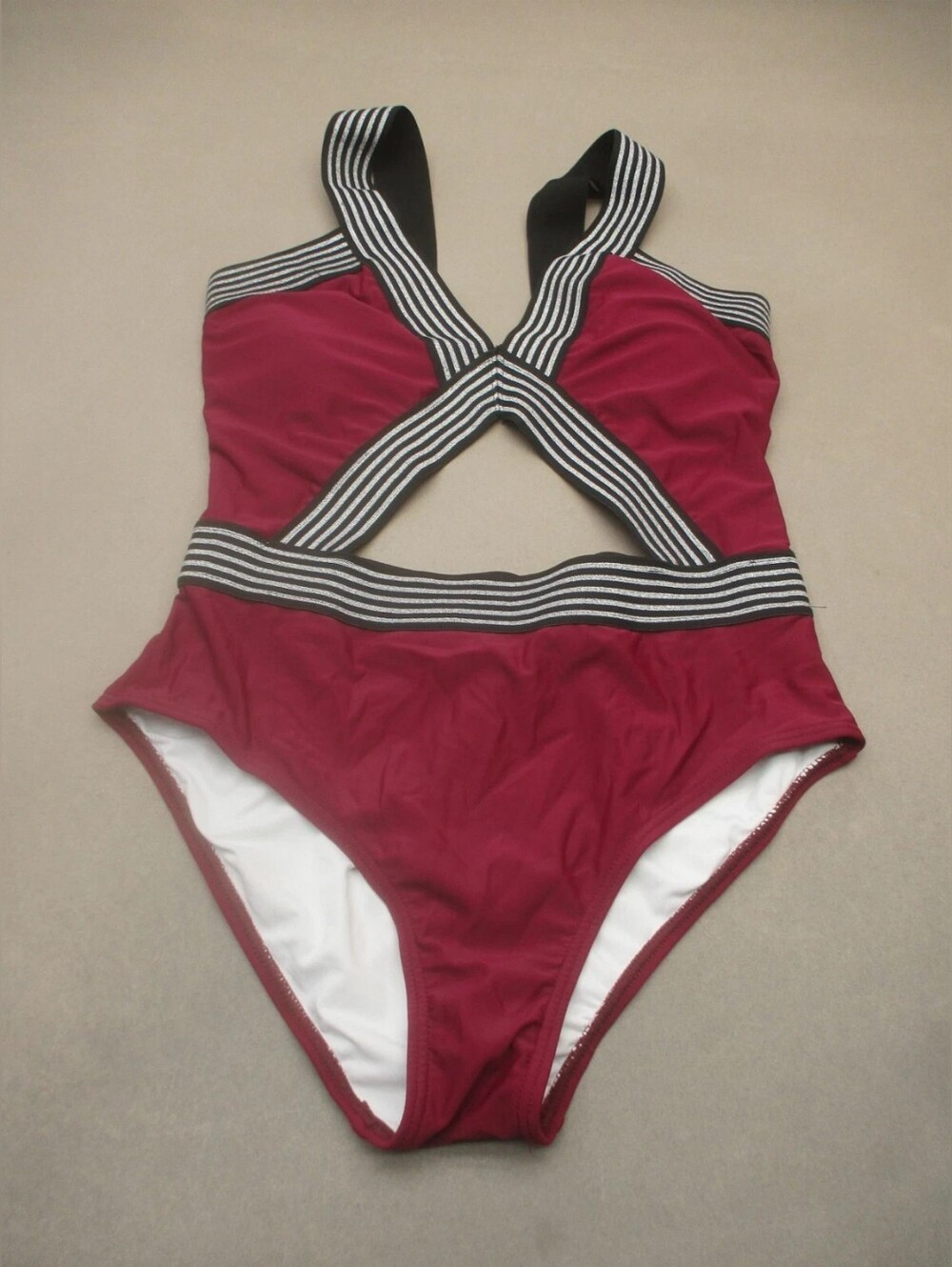 Striped-Trim Burgundy One-Piece Swimsuit